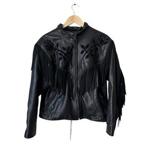Vintage 80s 90s Black Leather Fringe Jacket USA Made boxy fit